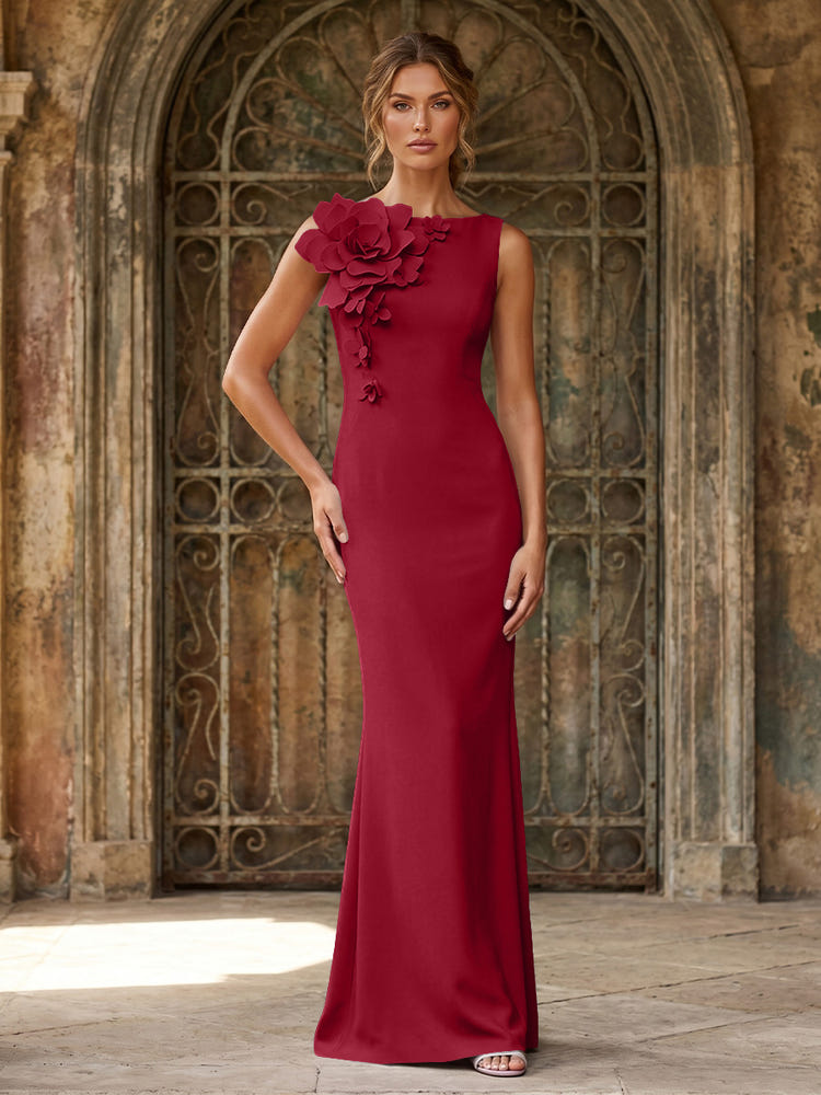 Jersey Mermaid Crew Neck Formal Dresses with 3D Flowers