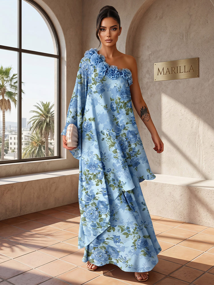 Chiffon A-Line One Shoulder Formal Dresses with 3D Flowers