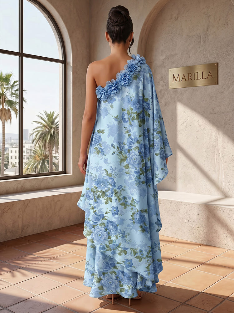 Chiffon A-Line One Shoulder Formal Dresses with 3D Flowers