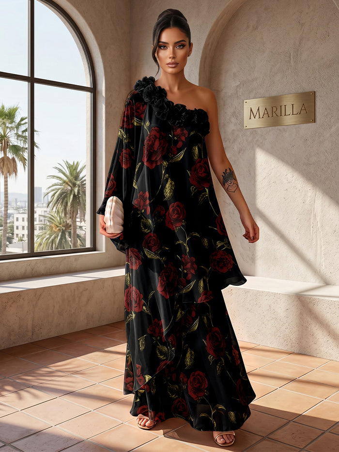 Chiffon A-Line One Shoulder Formal Tent/ Trapeze Dresses with 3D Flowers
