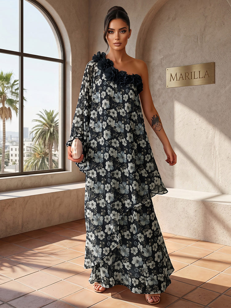Chiffon A-Line One Shoulder Formal Tent/ Trapeze Dresses with 3D Flowers