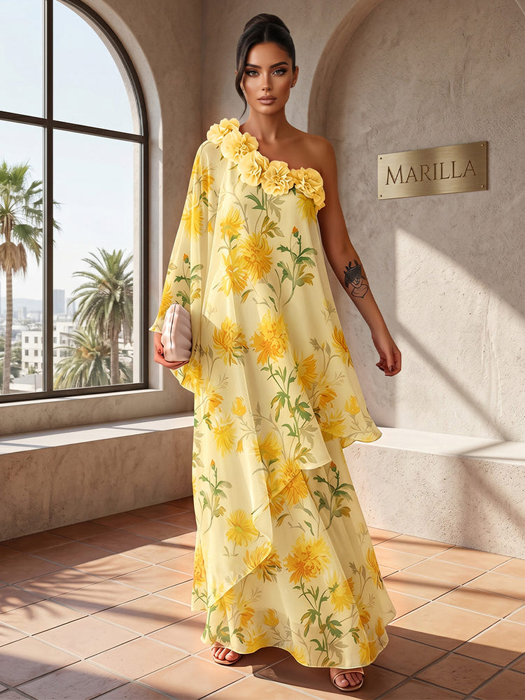 Chiffon A-Line One Shoulder Formal Tent/ Trapeze Dresses with 3D Flowers