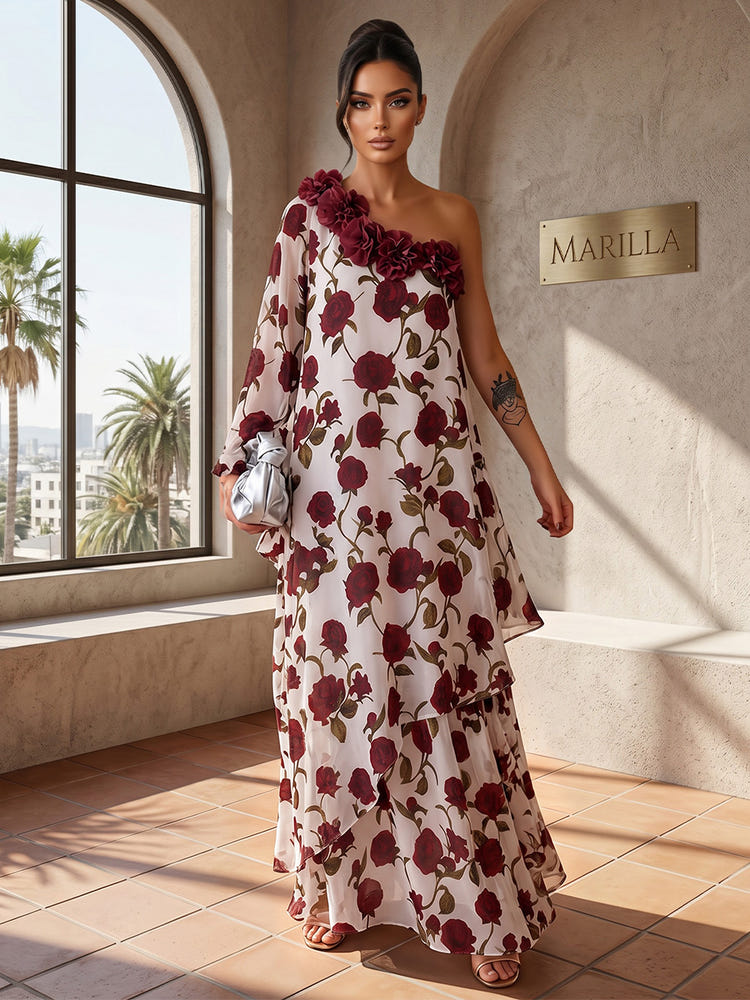 Chiffon A-Line One Shoulder Formal Tent/ Trapeze Dresses with 3D Flowers