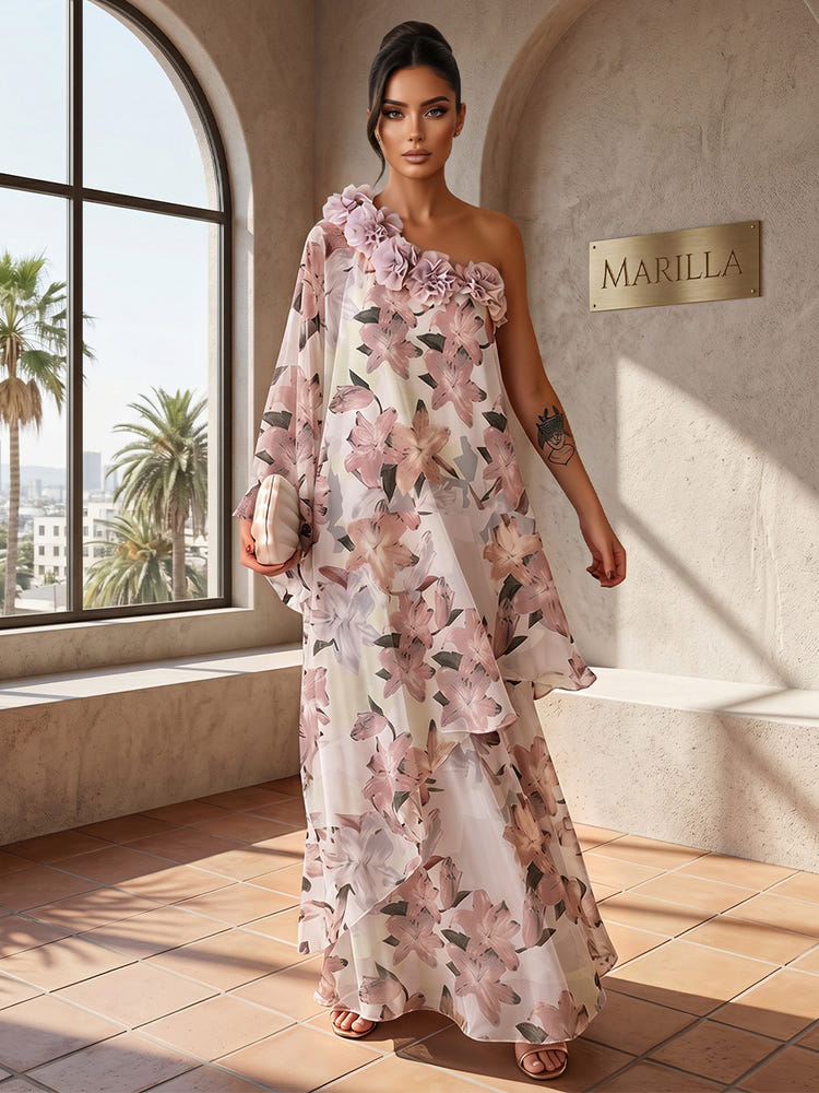 Chiffon A-Line One Shoulder Formal Tent/ Trapeze Dresses with 3D Flowers