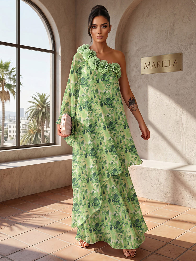 Chiffon A-Line One Shoulder Formal Tent/ Trapeze Dresses with 3D Flowers