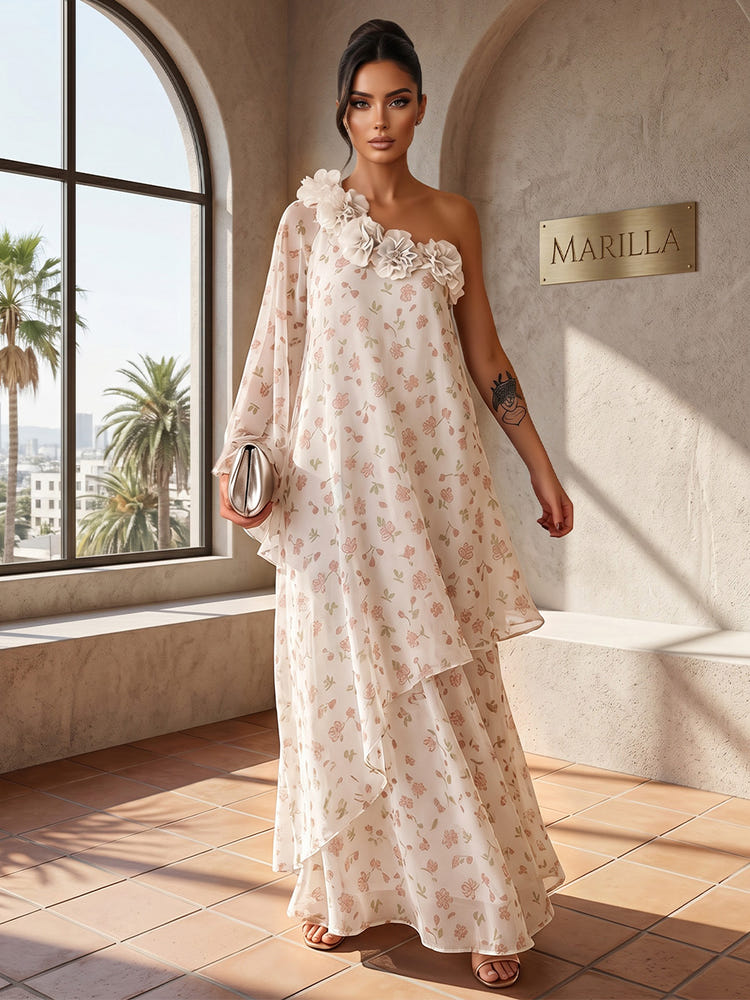 Chiffon A-Line One Shoulder Formal Tent/ Trapeze Dresses with 3D Flowers