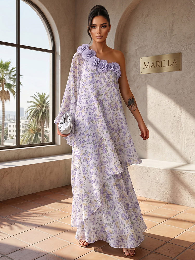Chiffon A-Line One Shoulder Formal Tent/ Trapeze Dresses with 3D Flowers