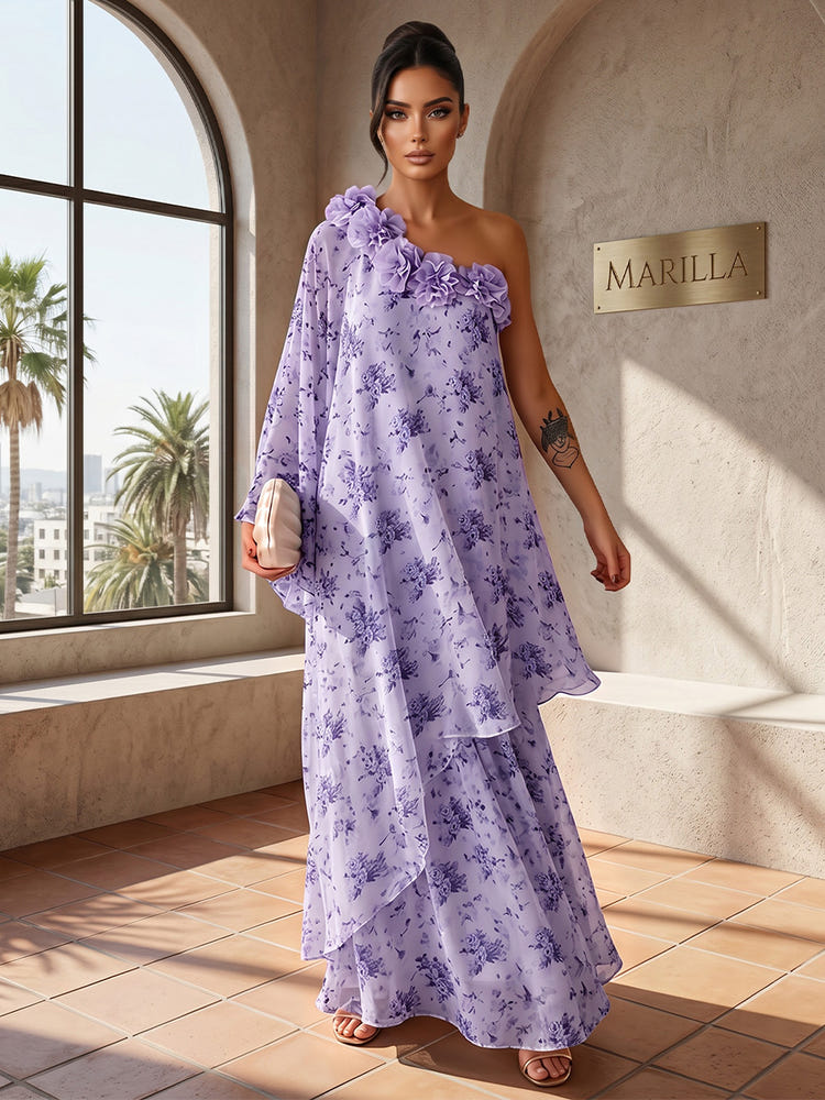 Chiffon A-Line One Shoulder Formal Tent/ Trapeze Dresses with 3D Flowers