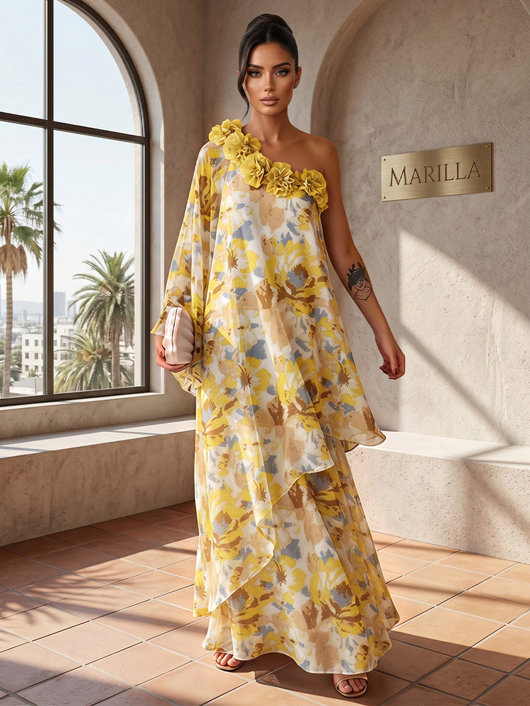 Chiffon A-Line One Shoulder Formal Tent/ Trapeze Dresses with 3D Flowers