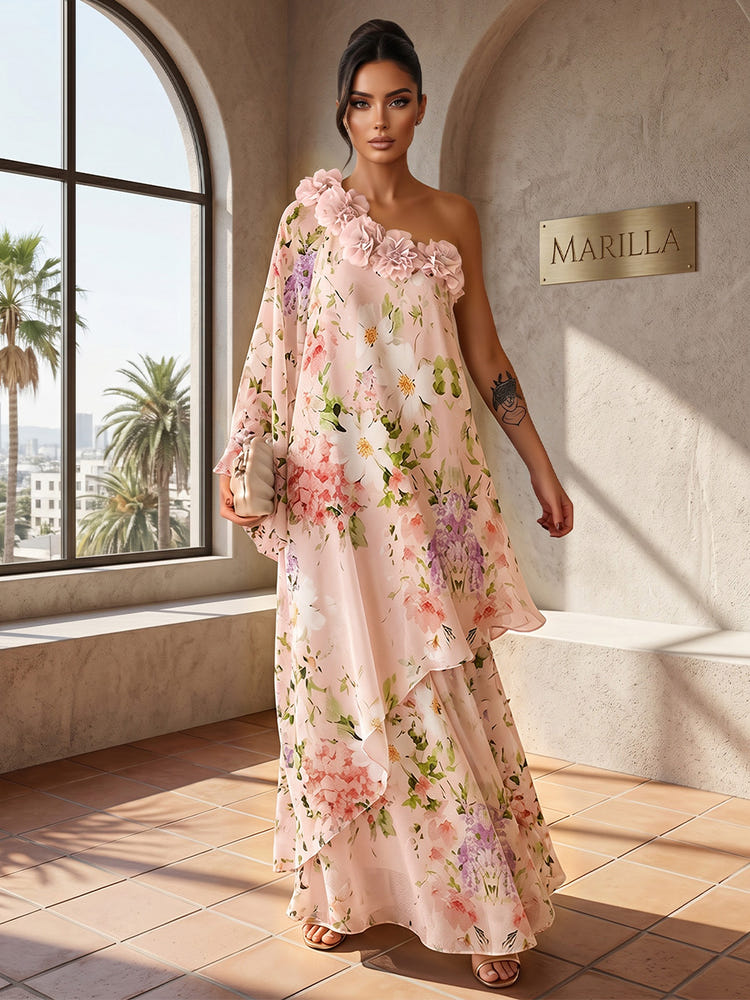 Chiffon A-Line One Shoulder Formal Tent/ Trapeze Dresses with 3D Flowers