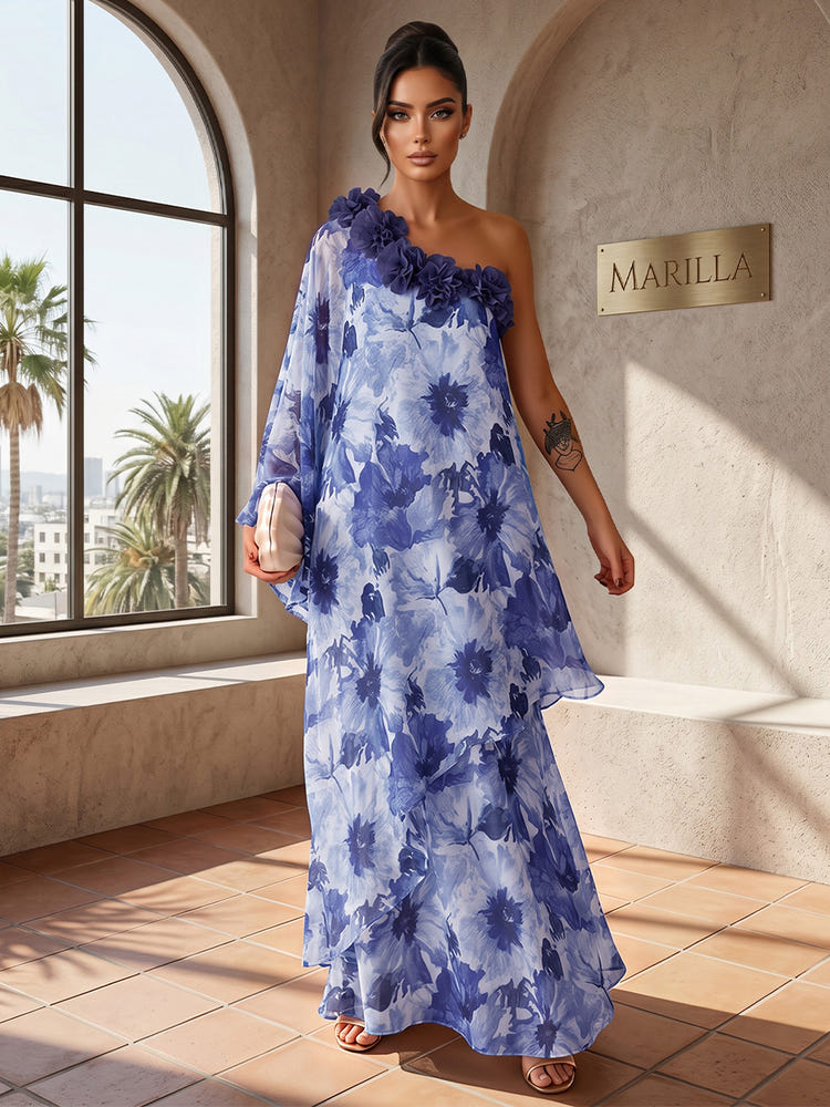 Chiffon A-Line One Shoulder Formal Tent/ Trapeze Dresses with 3D Flowers