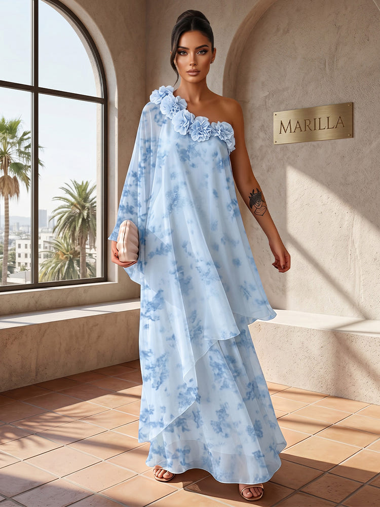 Chiffon A-Line One Shoulder Formal Tent/ Trapeze Dresses with 3D Flowers