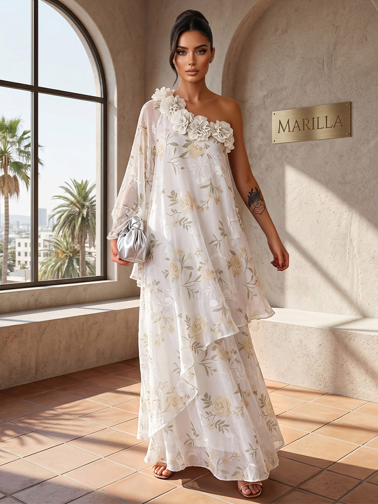 Chiffon A-Line One Shoulder Formal Tent/ Trapeze Dresses with 3D Flowers