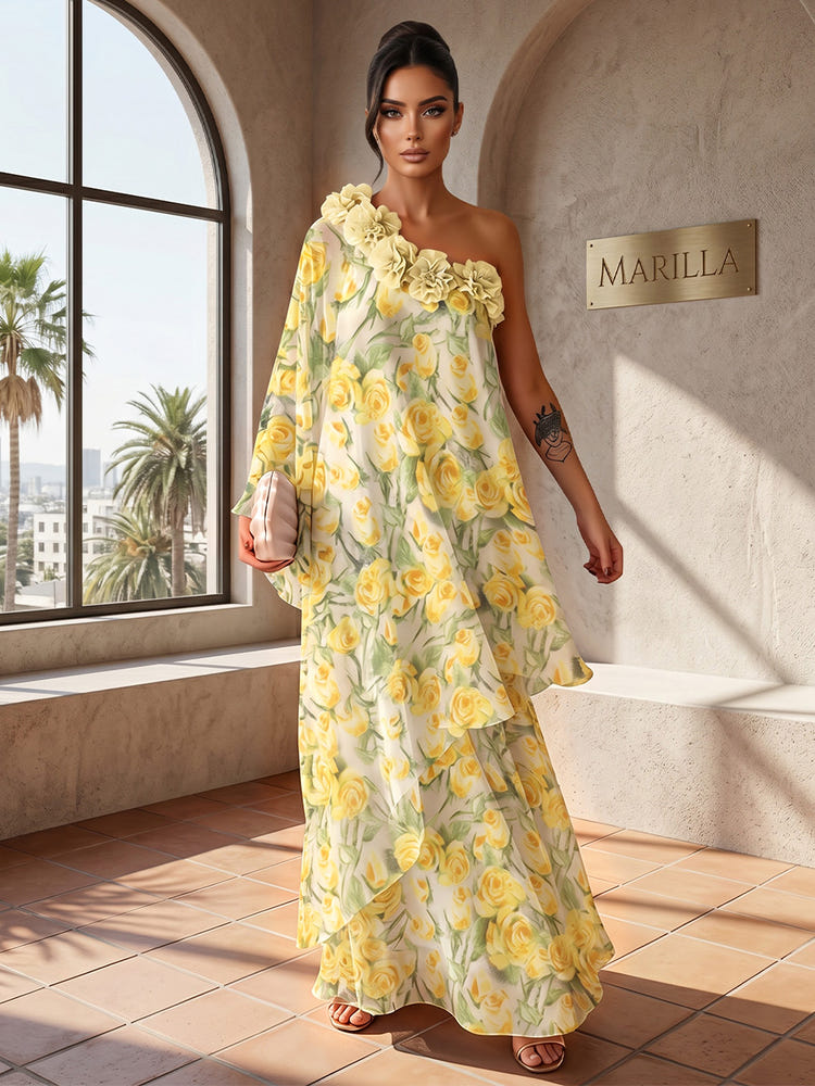 Chiffon A-Line One Shoulder Formal Tent/ Trapeze Dresses with 3D Flowers