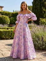 Jacquard A-Line Off the Shoulder Formal Dresses with Ruffles