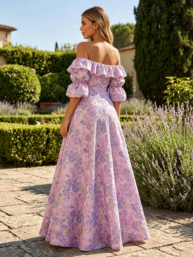 Jacquard A-Line Off the Shoulder Formal Dresses with Ruffles