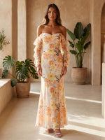 Chiffon Mermaid Off the Shoulder Formal Dresses with Floral Print