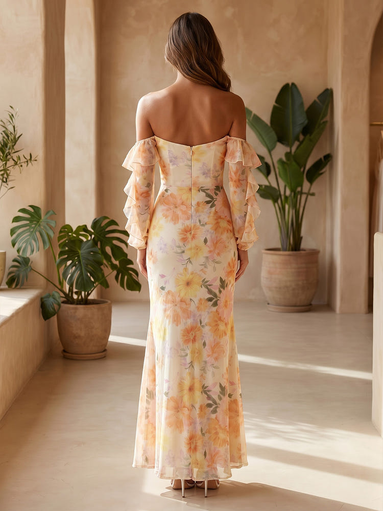 Chiffon Mermaid Off the Shoulder Formal Dresses with Floral Print