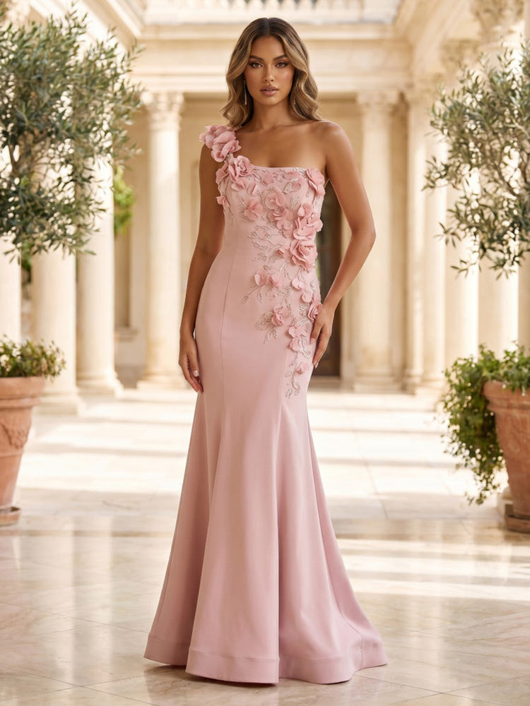 Satin Mermaid One Shoulder Formal Dresses with 3D Flowers