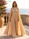 Chiffon Pantsuit Crew Neck Sets with Caps