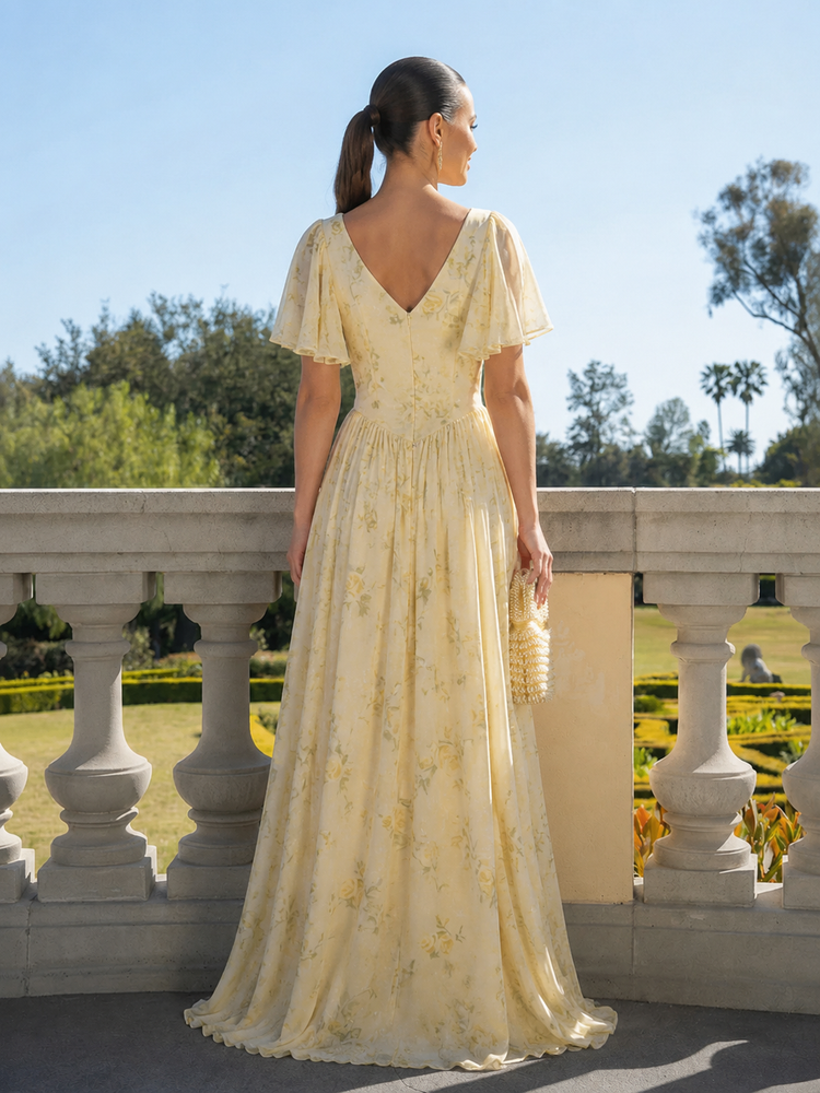 Gracins Yellow Chiffon A-Line Front Slit Bridesmaid Dresses with Flying Sleeves 2026