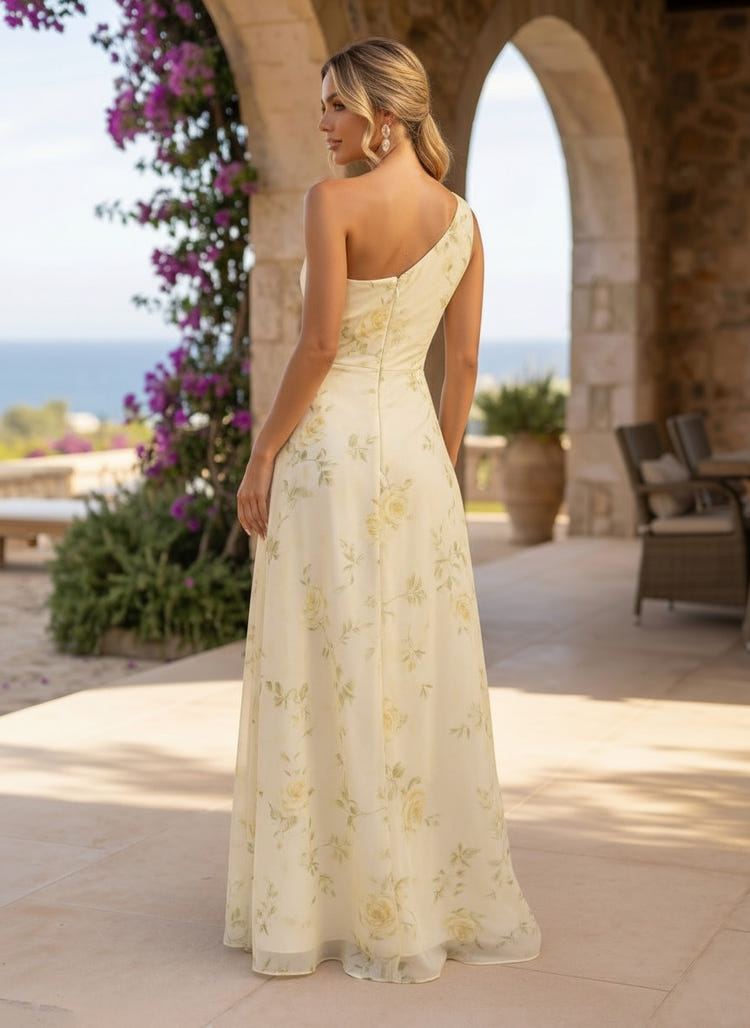 Chiffon Floral Print One Shoulder Formal Dresses with Ruffles
