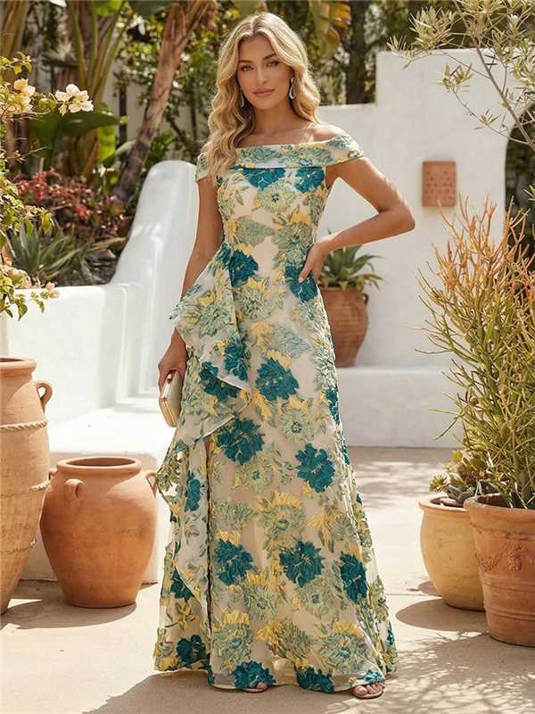 Jacquard Off the Shoulder Formal Dresses with Ruffles