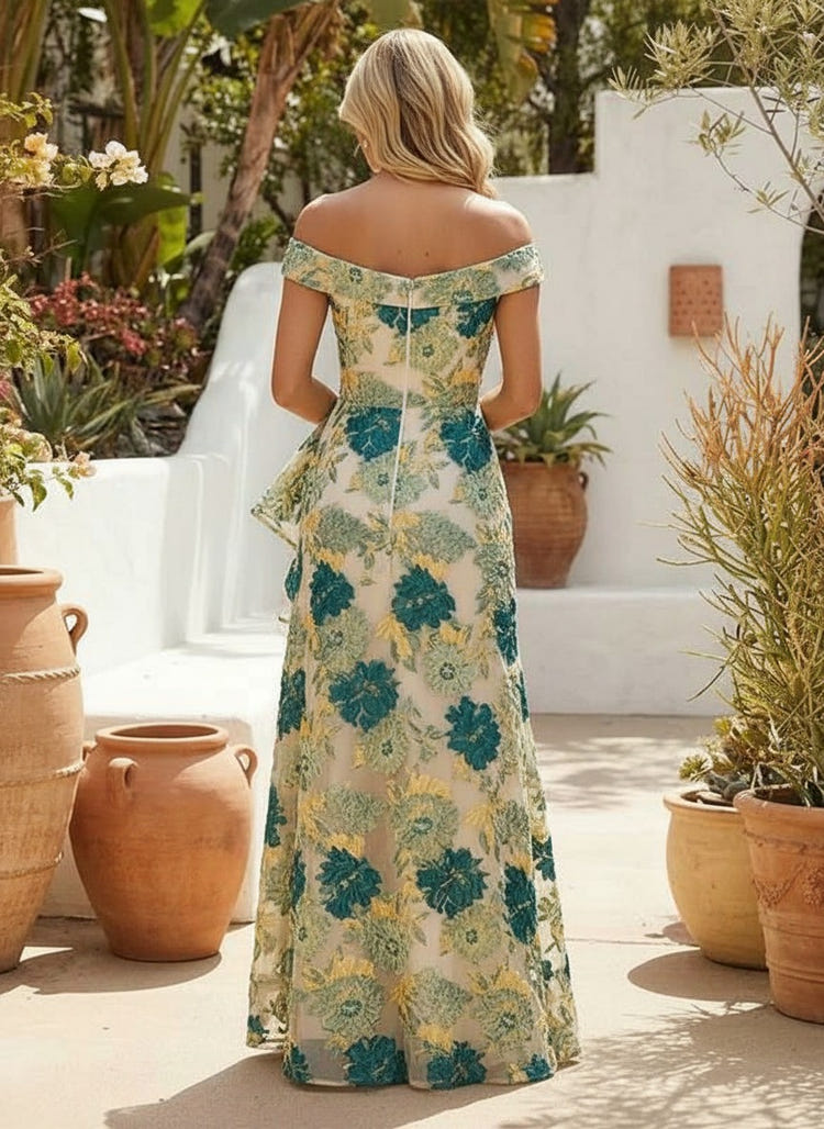 Jacquard Off the Shoulder Formal Dresses with Ruffles