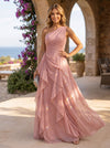 Shimmering Tulle One Shoulder Formal Dresses with Ruffles