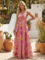 Jacquard V Neck  Pleated Formal Dresses with Ruffles