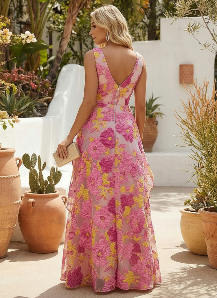 Jacquard V Neck  Pleated Formal Dresses with Ruffles
