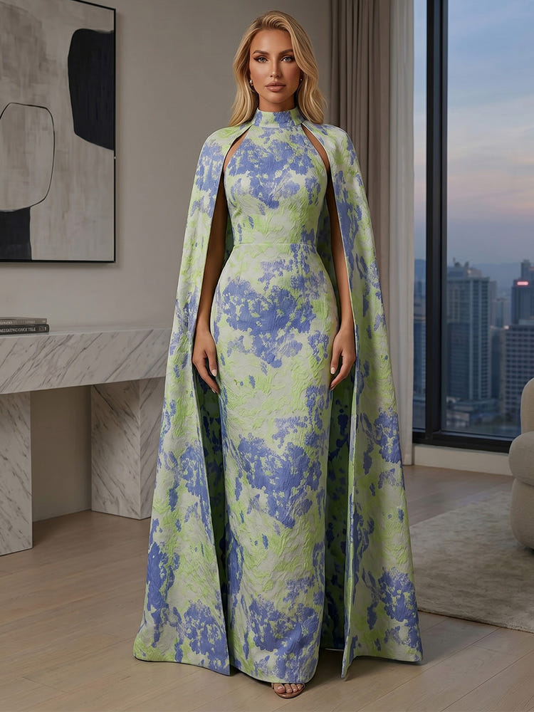 Jacquard Sheath High Neck Formal Dresses with Caps