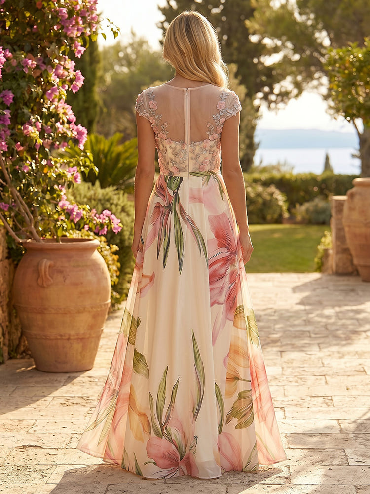 Chiffon A-Line Crew Neck Floral Print Formal Dresses