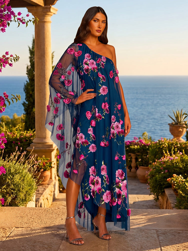 Chiffon A-Line One Shoulder Floral Print Formal Dresses