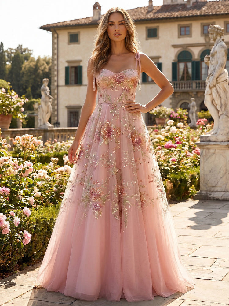 Tulle A-Line Spaghetti Straps Formal Dresses with Sequin Embroidery