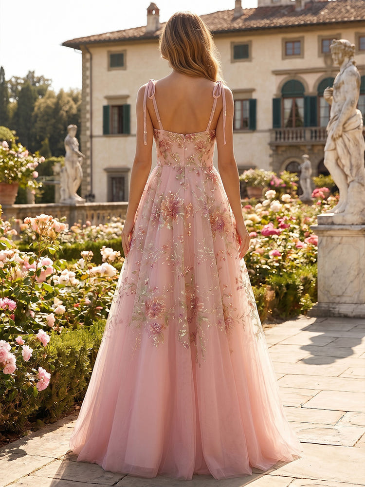 Tulle A-Line Spaghetti Straps Formal Dresses with Sequin Embroidery
