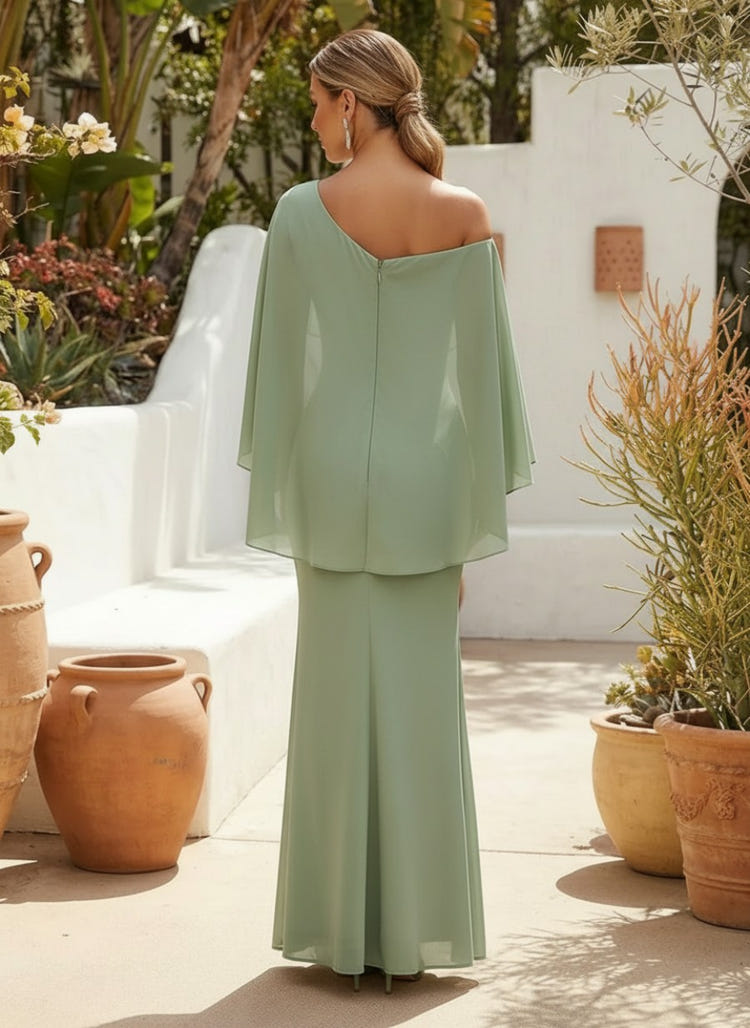 Chiffon Mermaid One Shoulder Formal Dresses with Caps