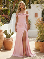 Satin Mermaid Off the Shoulder Formal Dresses with Side Slit