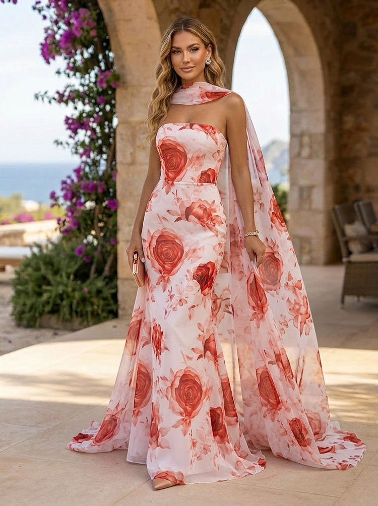 Chiffon Mermaid Strapless Floral Print Formal Dresses