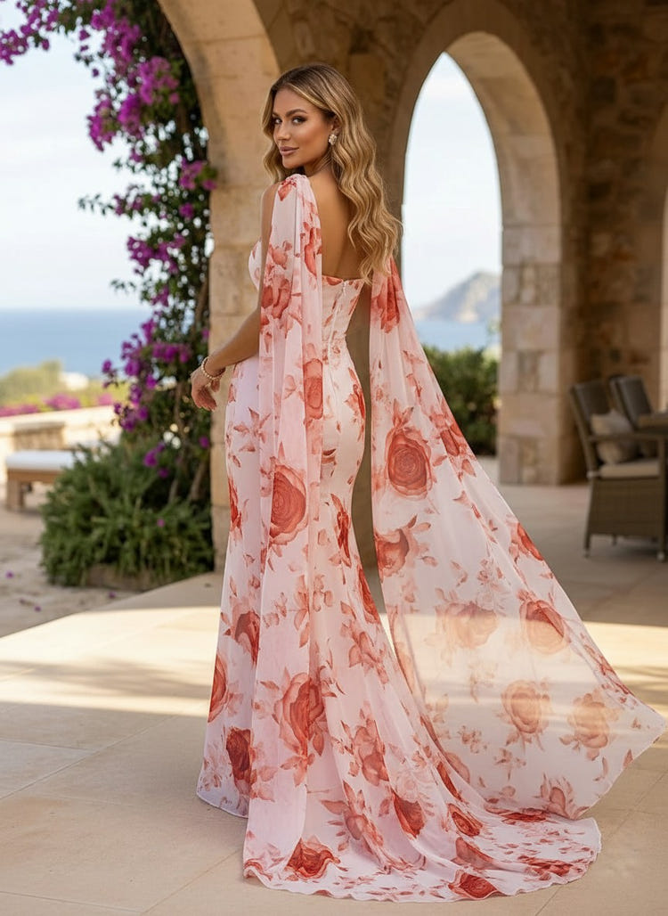 Chiffon Mermaid Strapless Floral Print Formal Dresses