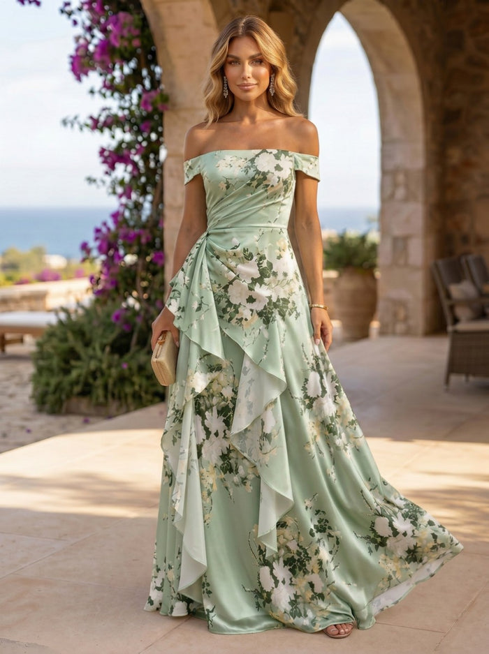 Satin A-Line Off the Shoulder Floral Print Formal Dresses