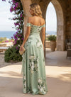 Satin A-Line Off the Shoulder Floral Print Formal Dresses
