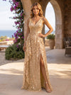 Tulle A-Line V Neck Formal Dresses with Sequin Embroidery