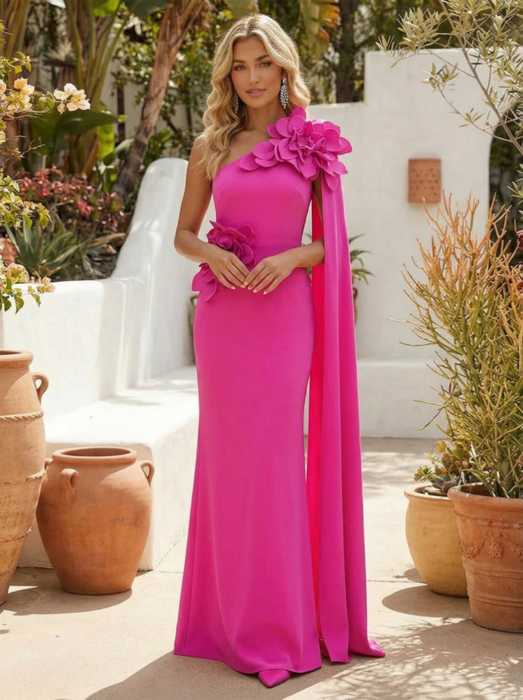 Satin Mermaid One Shoulder Formal Dresses with 3D Flowers