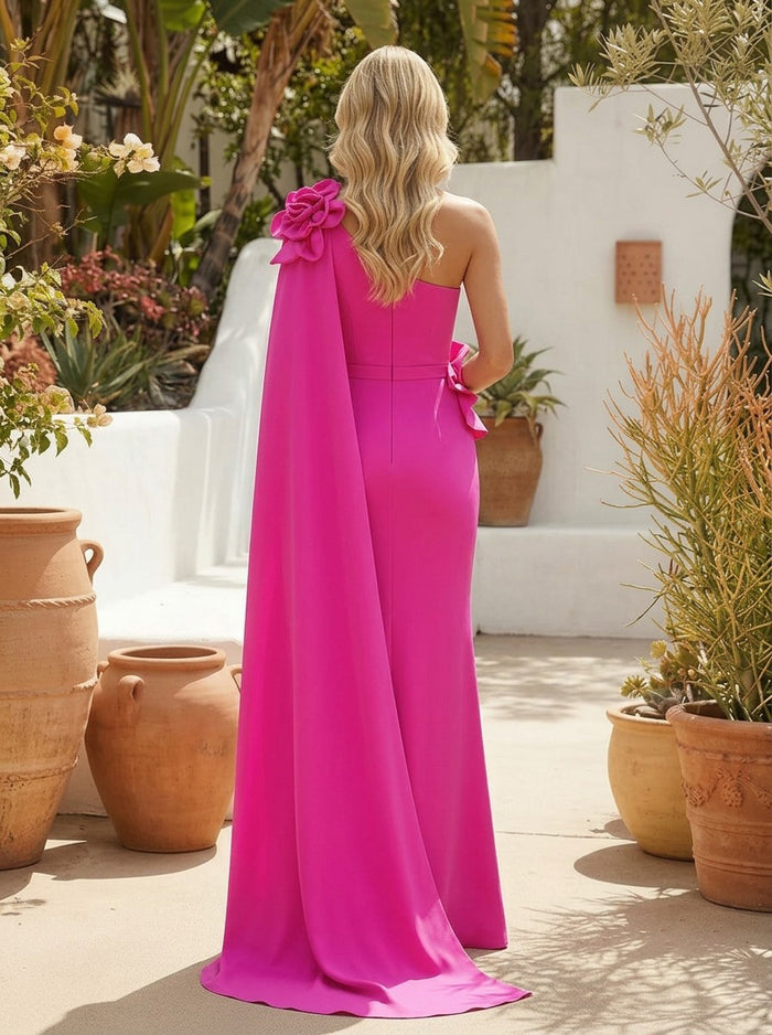 Satin Mermaid One Shoulder Formal Dresses with 3D Flowers