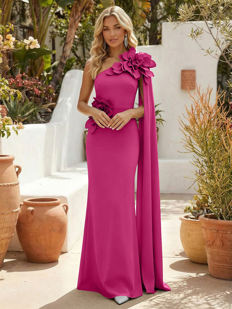 Satin Mermaid One Shoulder Formal Dresses with 3D Flowers