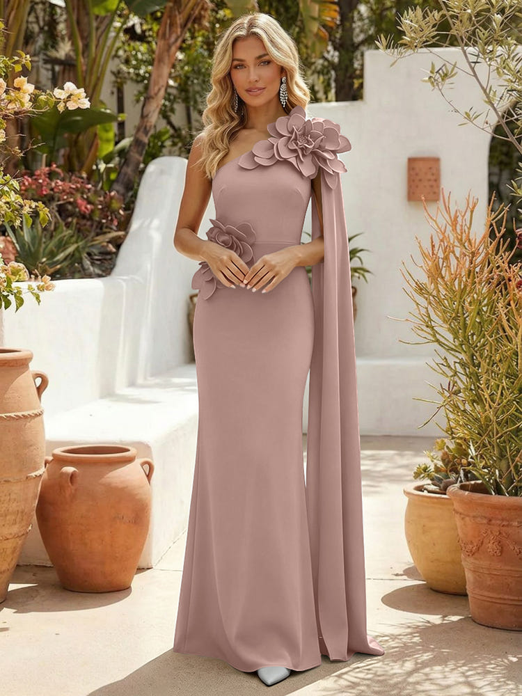 Satin Mermaid One Shoulder Formal Dresses with 3D Flowers