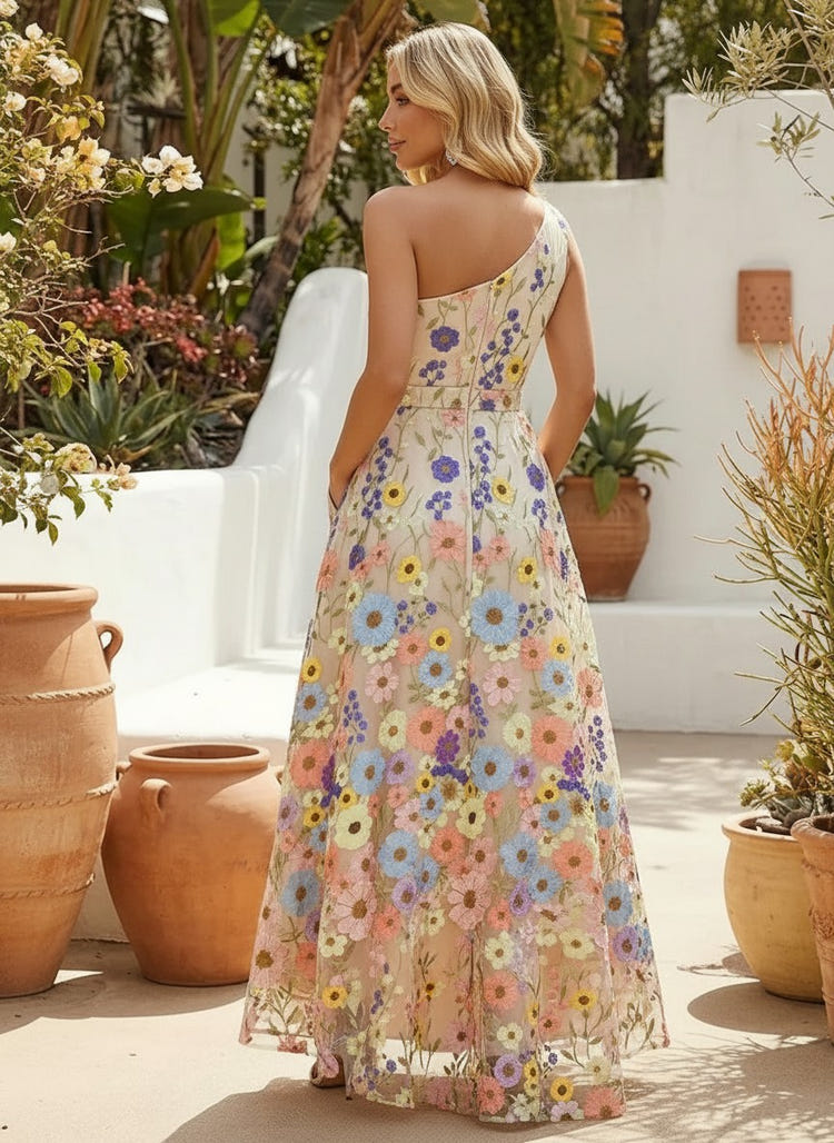 Tulle A-Line One Shoulder Formal Dresses with Floral Embroidery