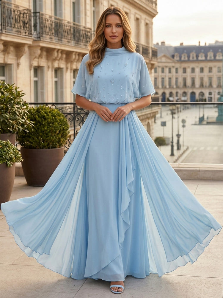 Chiffon A-Line High Neck Beaded Formal Dresses