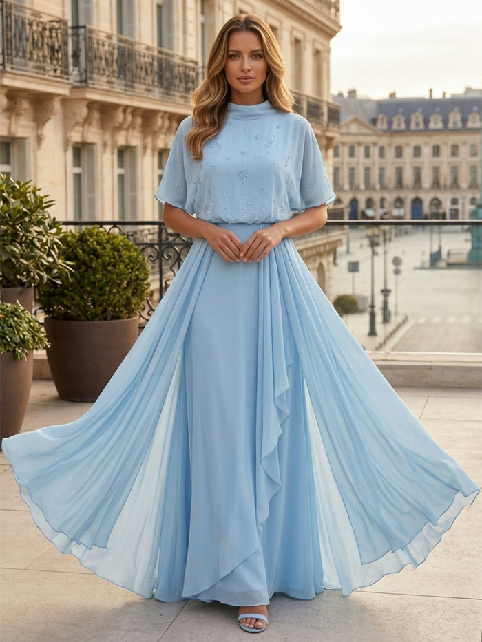 Chiffon A-Line High Neck Beaded Formal Dresses
